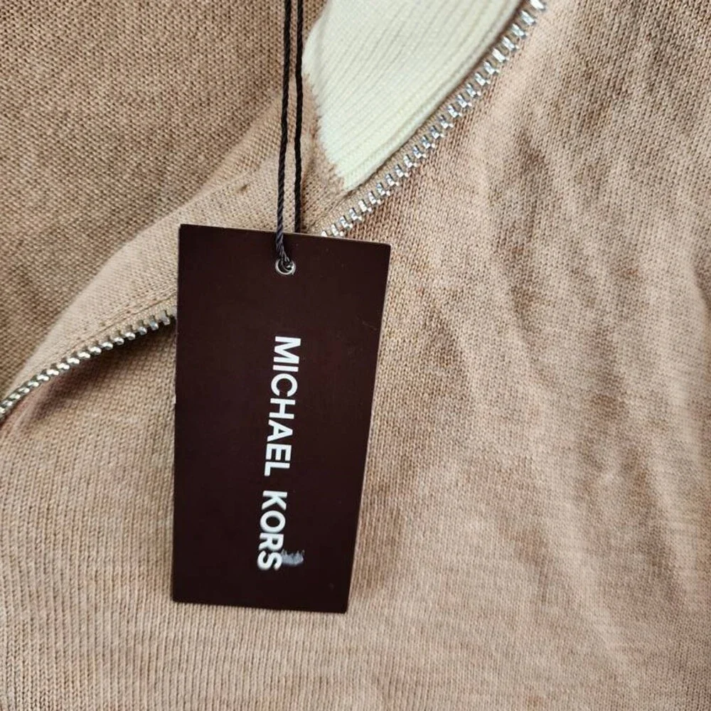 Michael Kors Modern-Fit Tipped 1/4-Zip Merino Wool Sweater Men's XXL Dark Camel